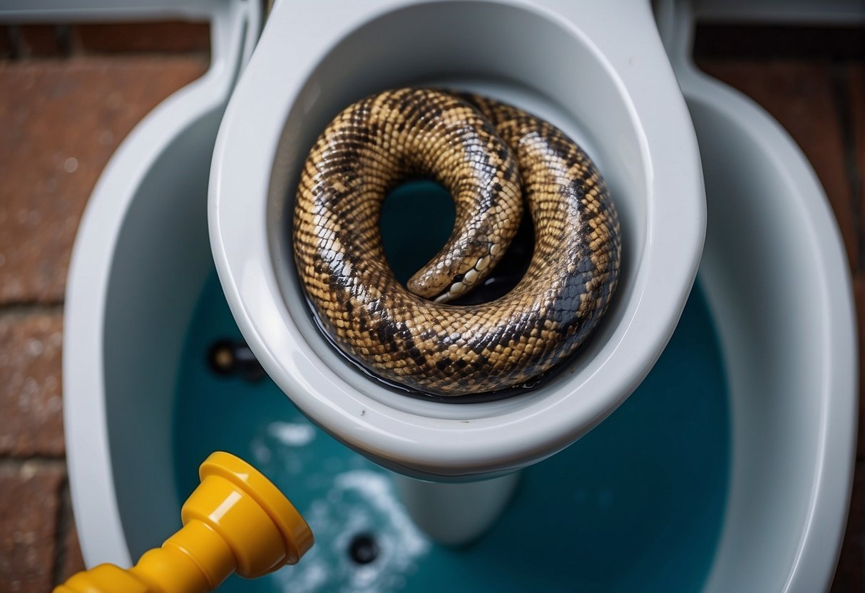 A clogged toilet with overflowing water and debris. Plunger and plumber's snake nearby