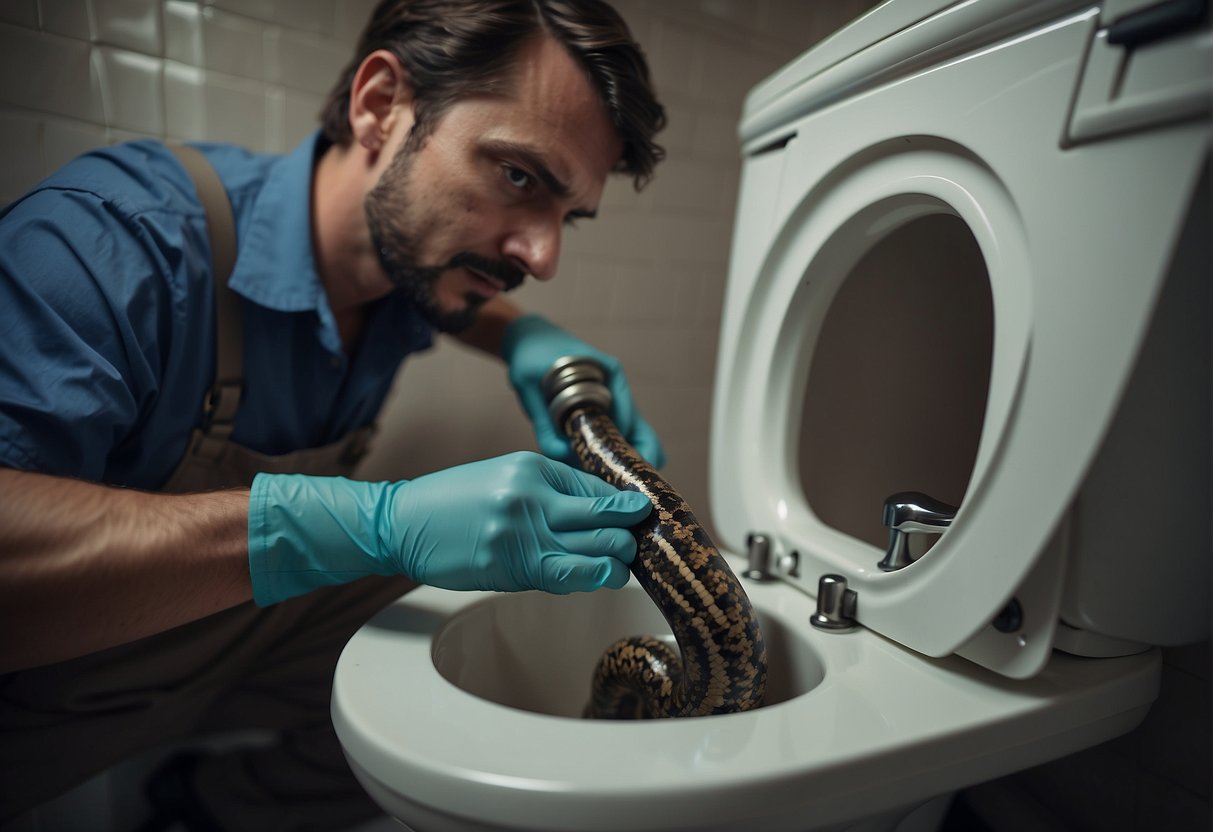 A plumber unclogs a toilet with a plunger and drain snake