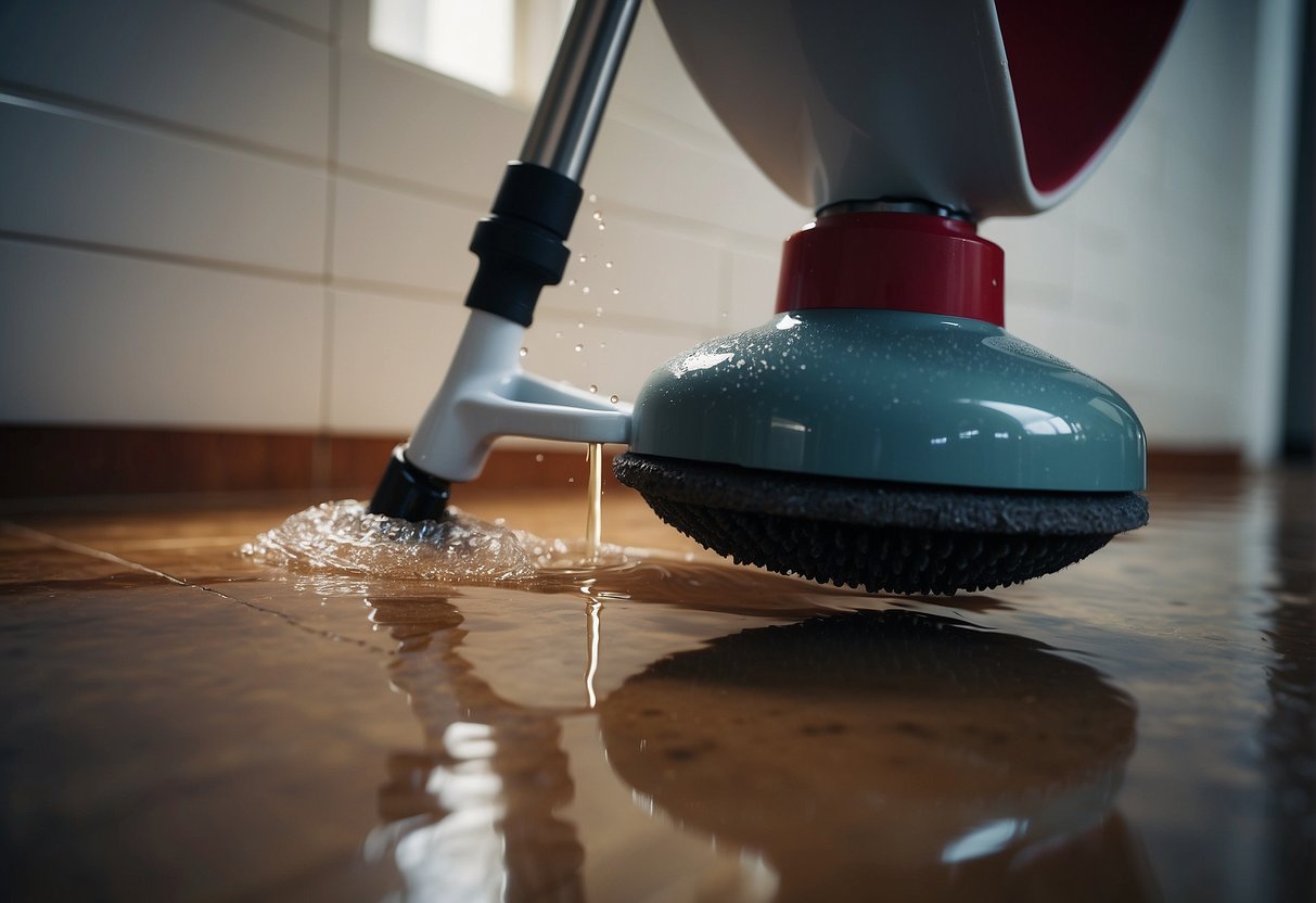 A plunger is being used to clear a clogged toilet, with water overflowing onto the bathroom floor