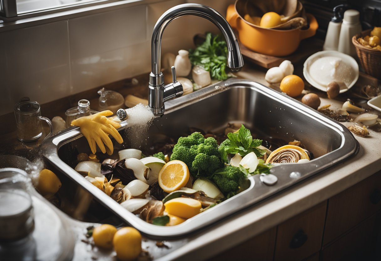 A clogged kitchen sink with water overflowing onto the counter, surrounded by dirty dishes and food scraps