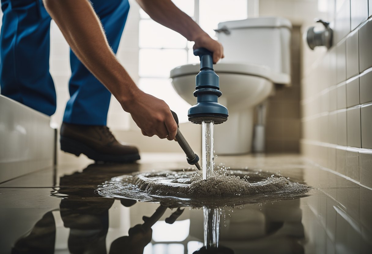 A plumber uses a plunger to clear a clogged drain in a bathroom floor, with water and debris flowing out of the ralo