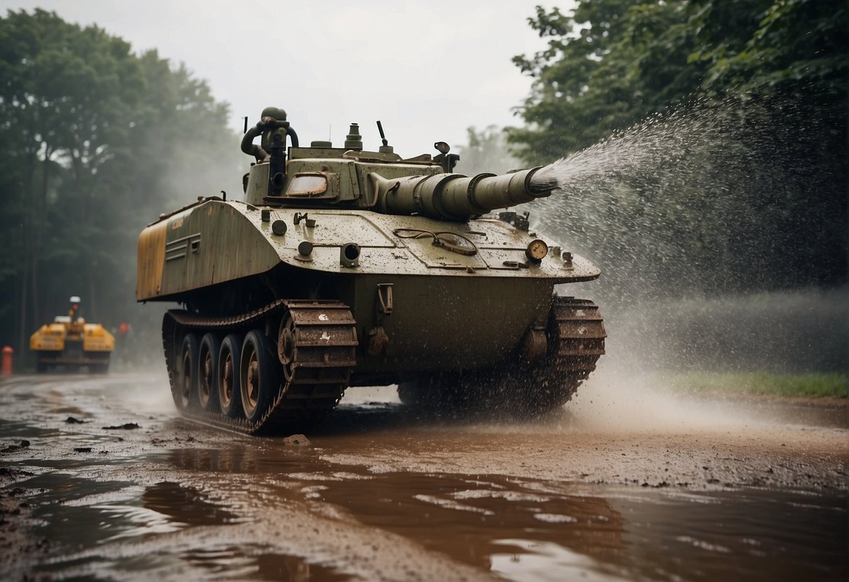 A clogged tank being cleared with a powerful hose, water and debris spraying out