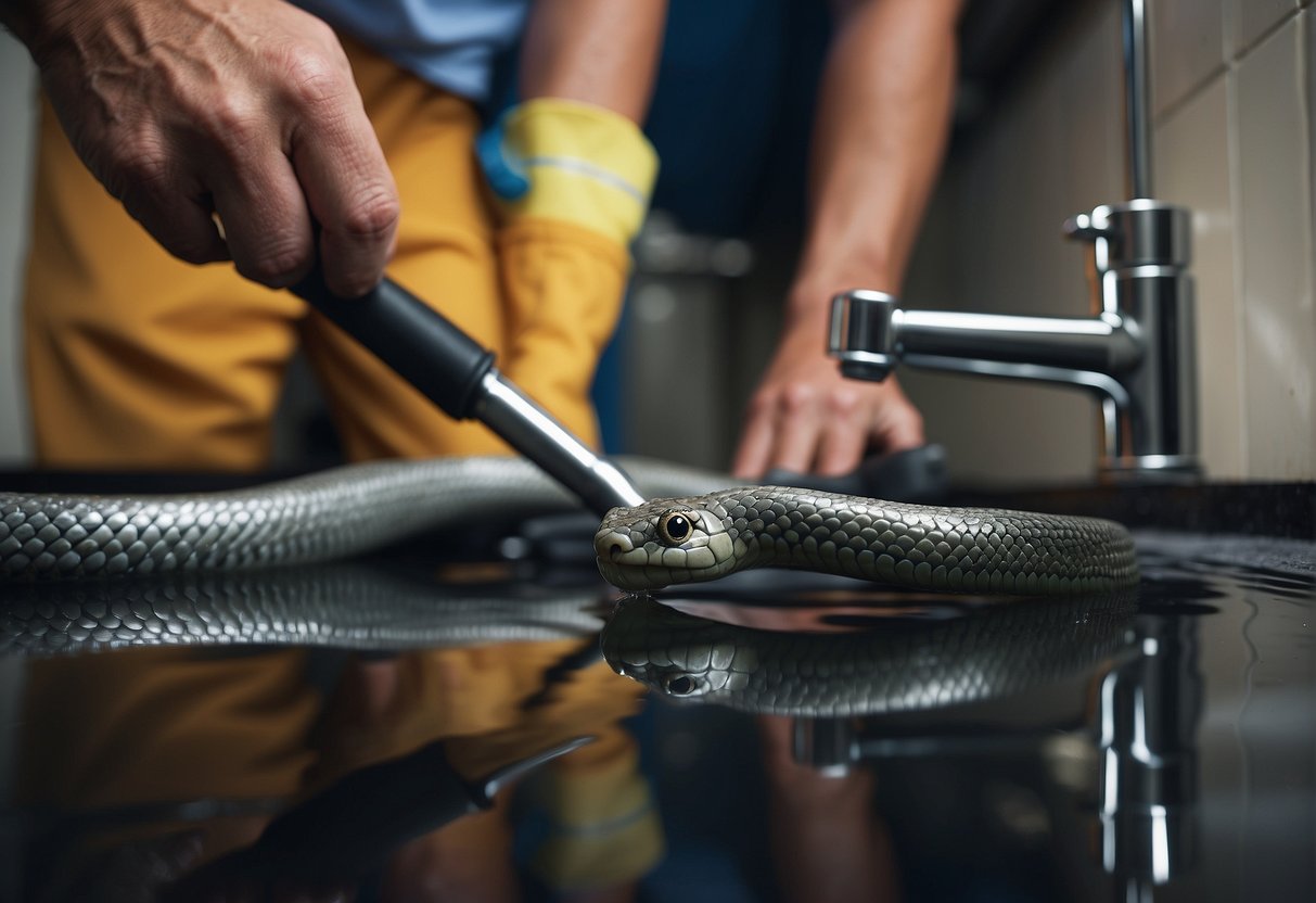 A plumber uses a drain snake to clear a clogged tank. Water and debris are visible as the plumber works