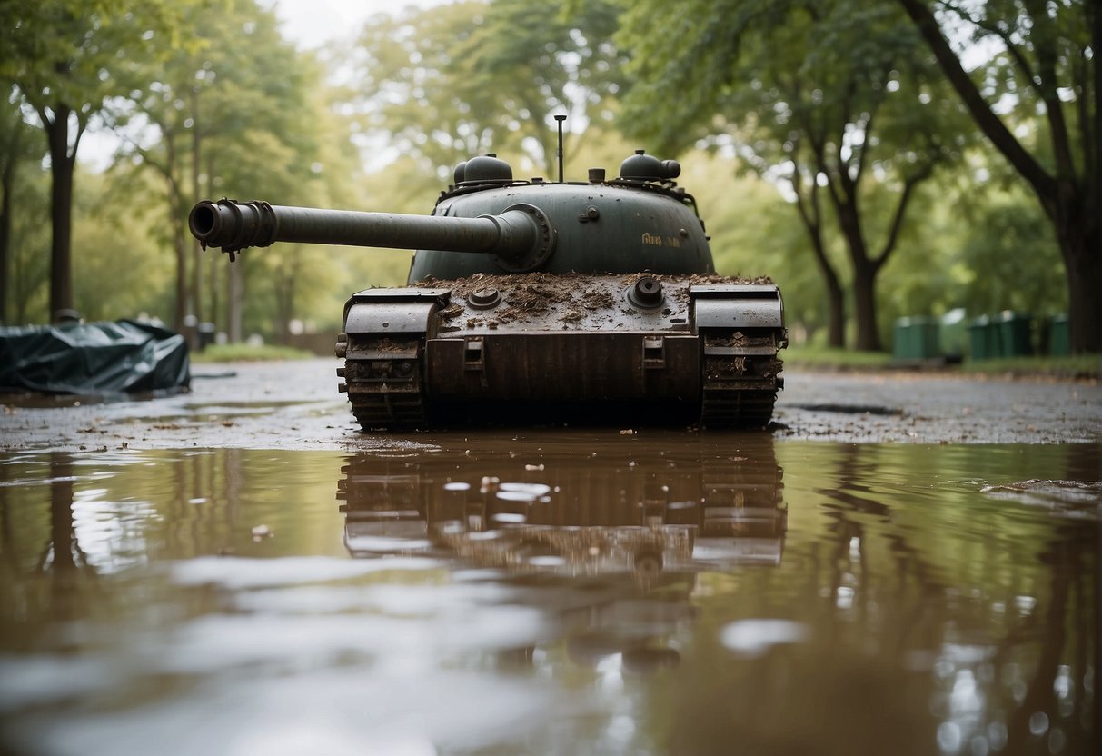 A clogged tank with visible debris and overflowing water, causing a mess and potential damage