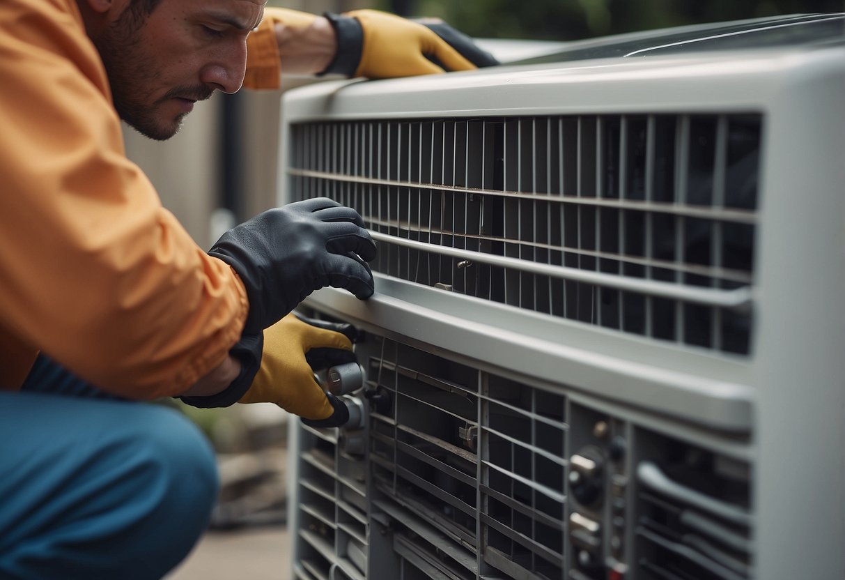 A technician clears debris from an air conditioner's drain, ensuring proper maintenance