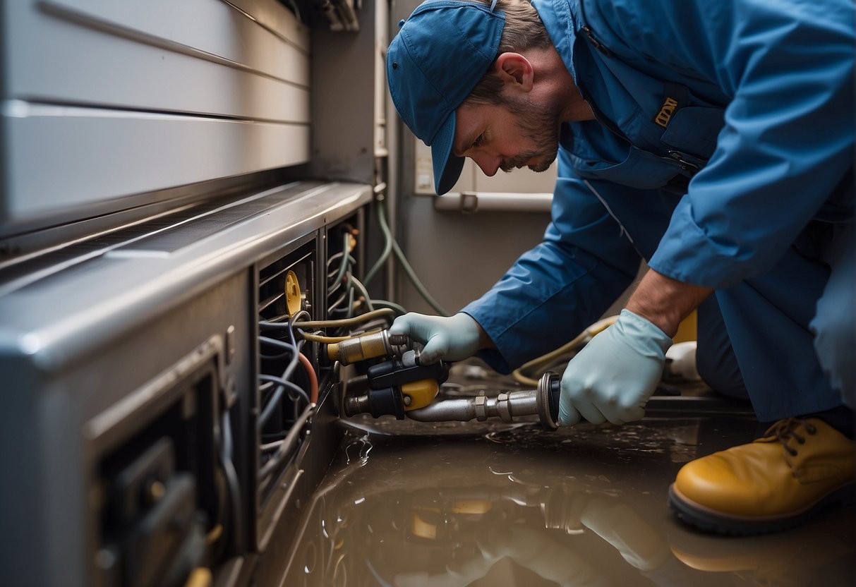 A technician uses a specialized tool to clear a clogged air conditioning drain, with water and debris flowing out