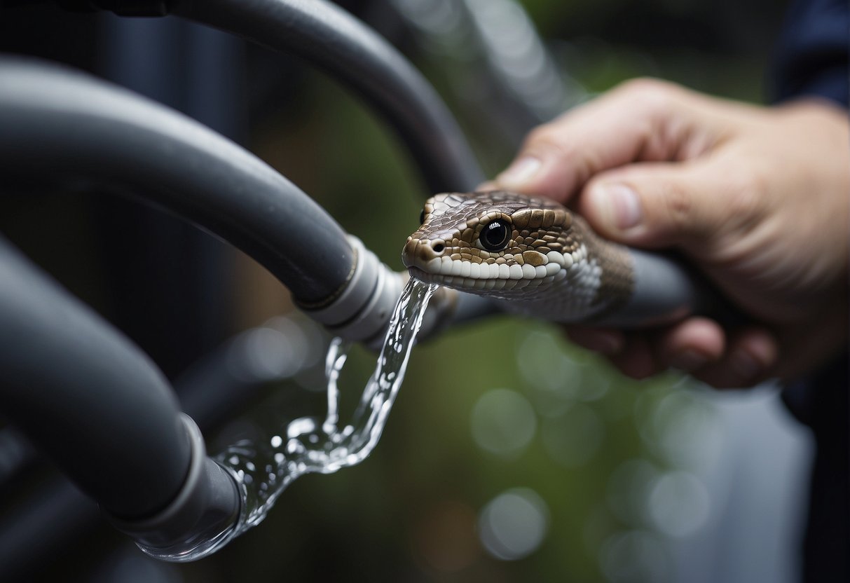 A plumber uses a drain snake to clear a clogged pipe, with water flowing freely afterwards