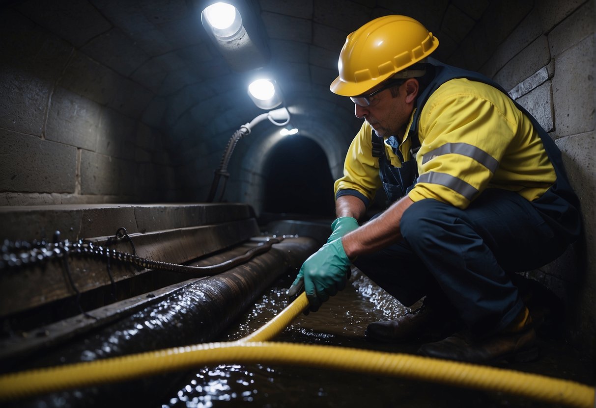 A plumber using a drain snake to clear a clogged sewer pipe. The plumber is wearing protective gear and working in a dimly lit underground area