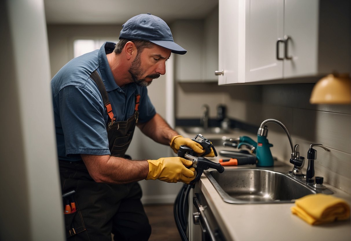 A plumber using a professional tool to clear a clogged pipe