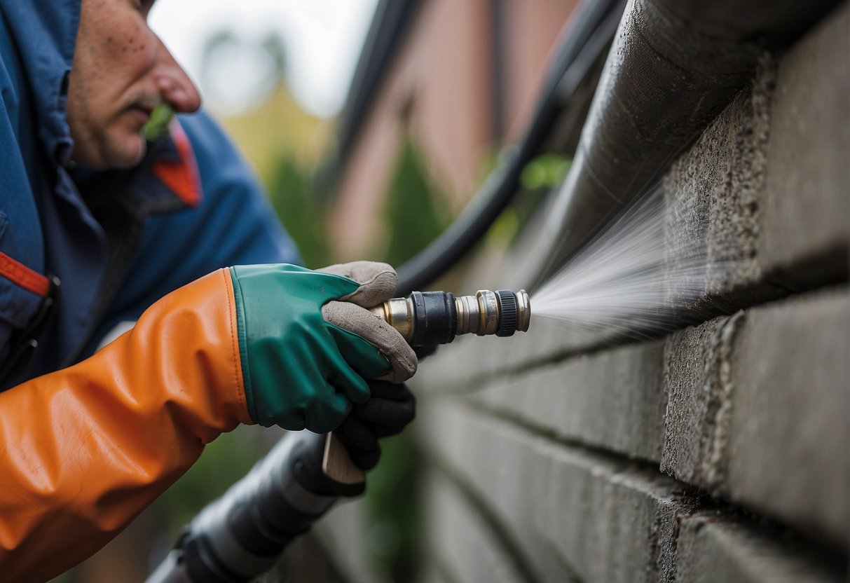 A plumber uses a high-pressure hose to clear debris from a clogged gutter