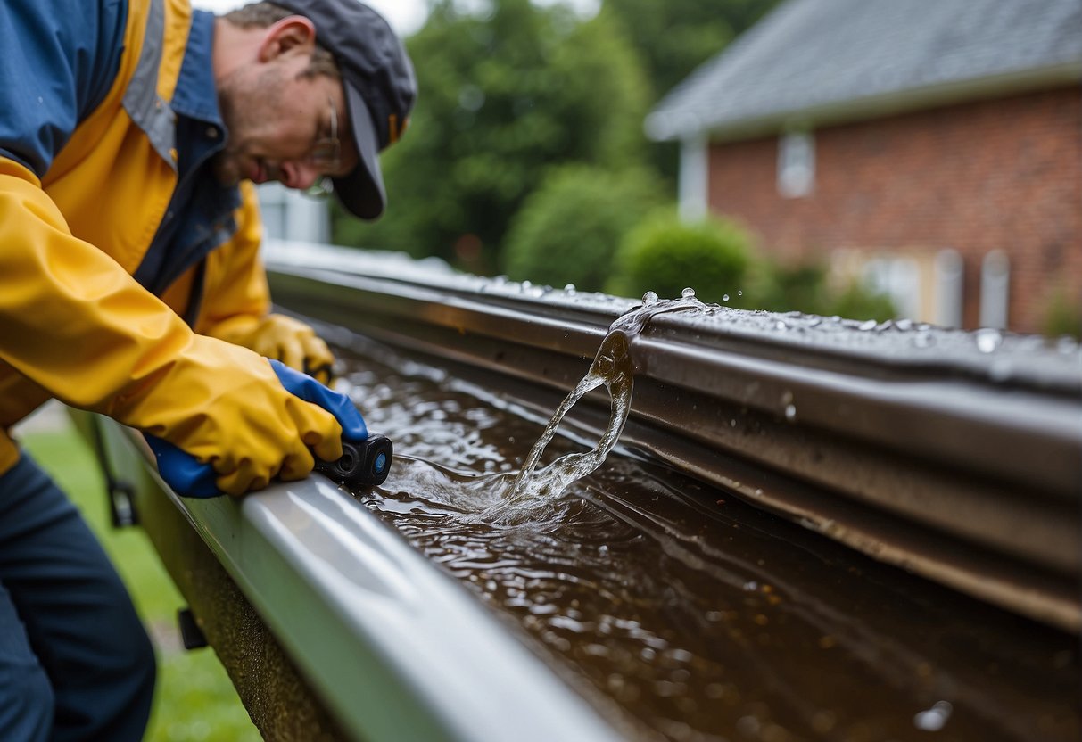 A clogged gutter causes water overflow, leading to property damage. A professional technician clears the debris, ensuring proper drainage