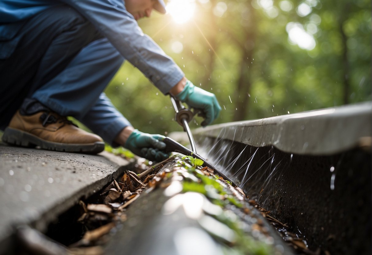 A technician using specialized tools to clear a clogged gutter, with debris and water flowing freely afterwards