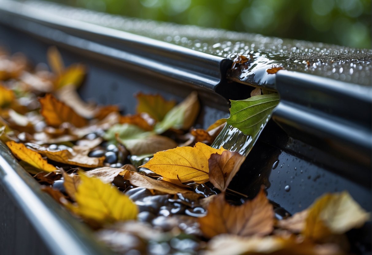 A clogged gutter with leaves and debris, causing water overflow