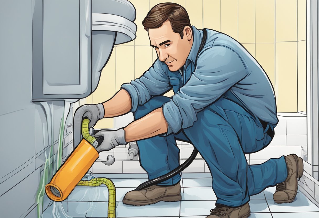 A plumber using a drain snake to clear a clogged pipe in a residential bathroom
