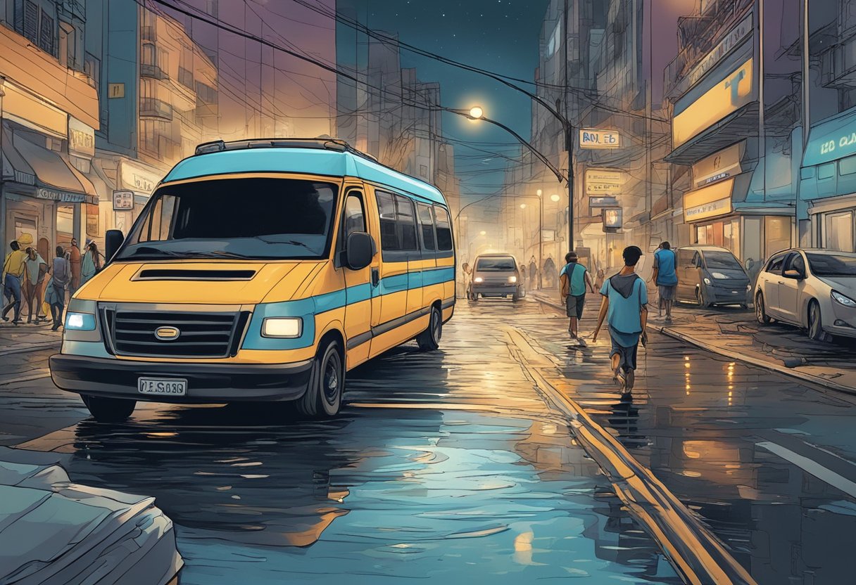 A bustling city street at night with a clogged drain spewing water, while a 24-hour desentupidora van rushes to the scene in São Paulo
