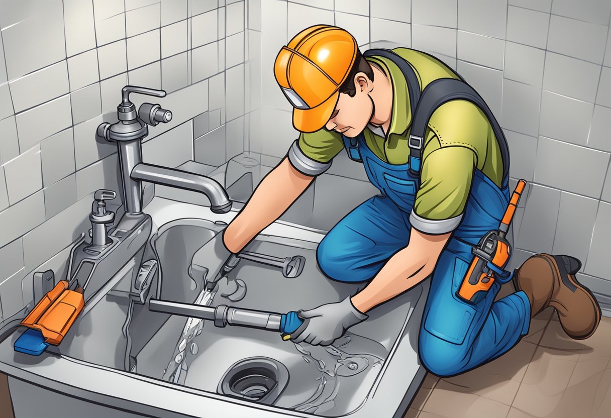 A plumber clearing a clogged drain with professional tools