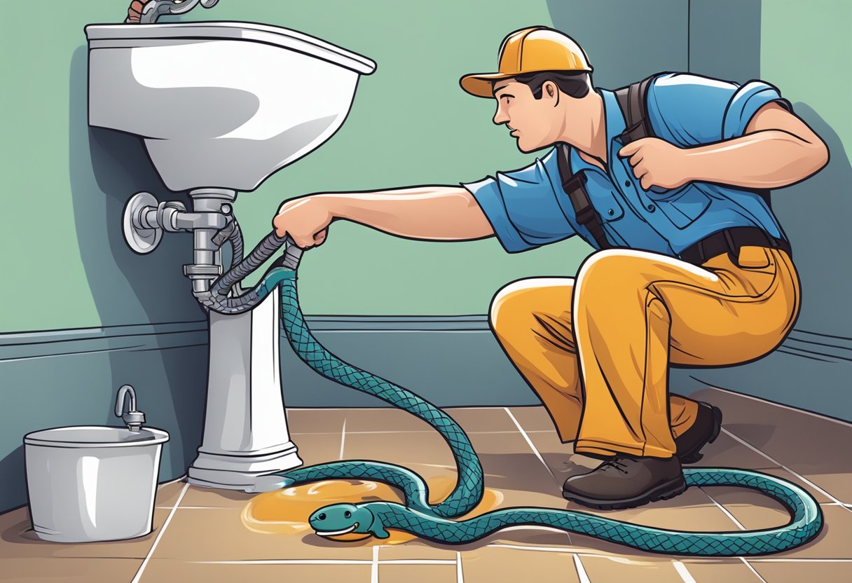 A plumber using a drain snake to clear a clogged pipe