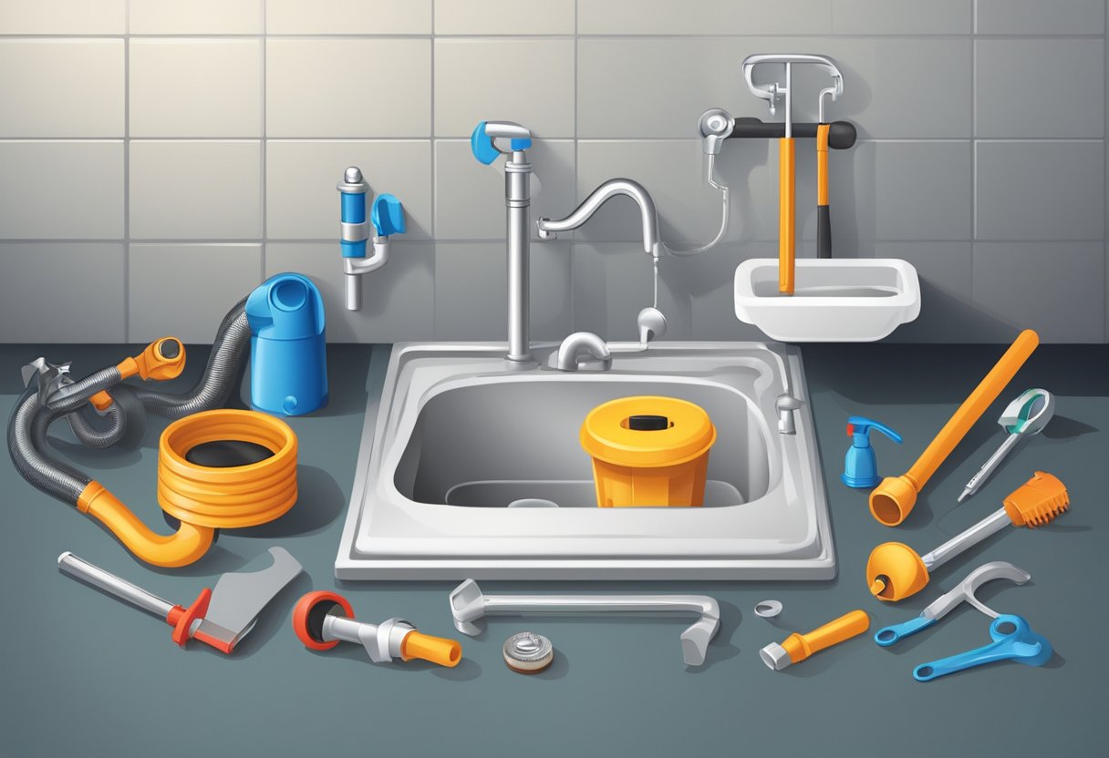 A plumber's tool kit on the floor, with a plunger, drain snake, and wrench. A clogged sink and overflowing water in the background