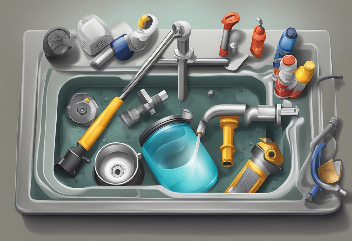 A plumber's tool kit and a clogged drain with water backing up