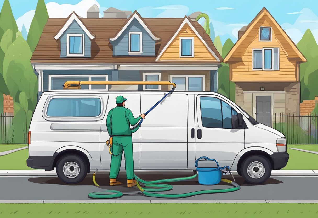 A plumber's van parked outside a house with a clogged drain. A technician holding a plunger and a drain snake. Customer asking about the cost