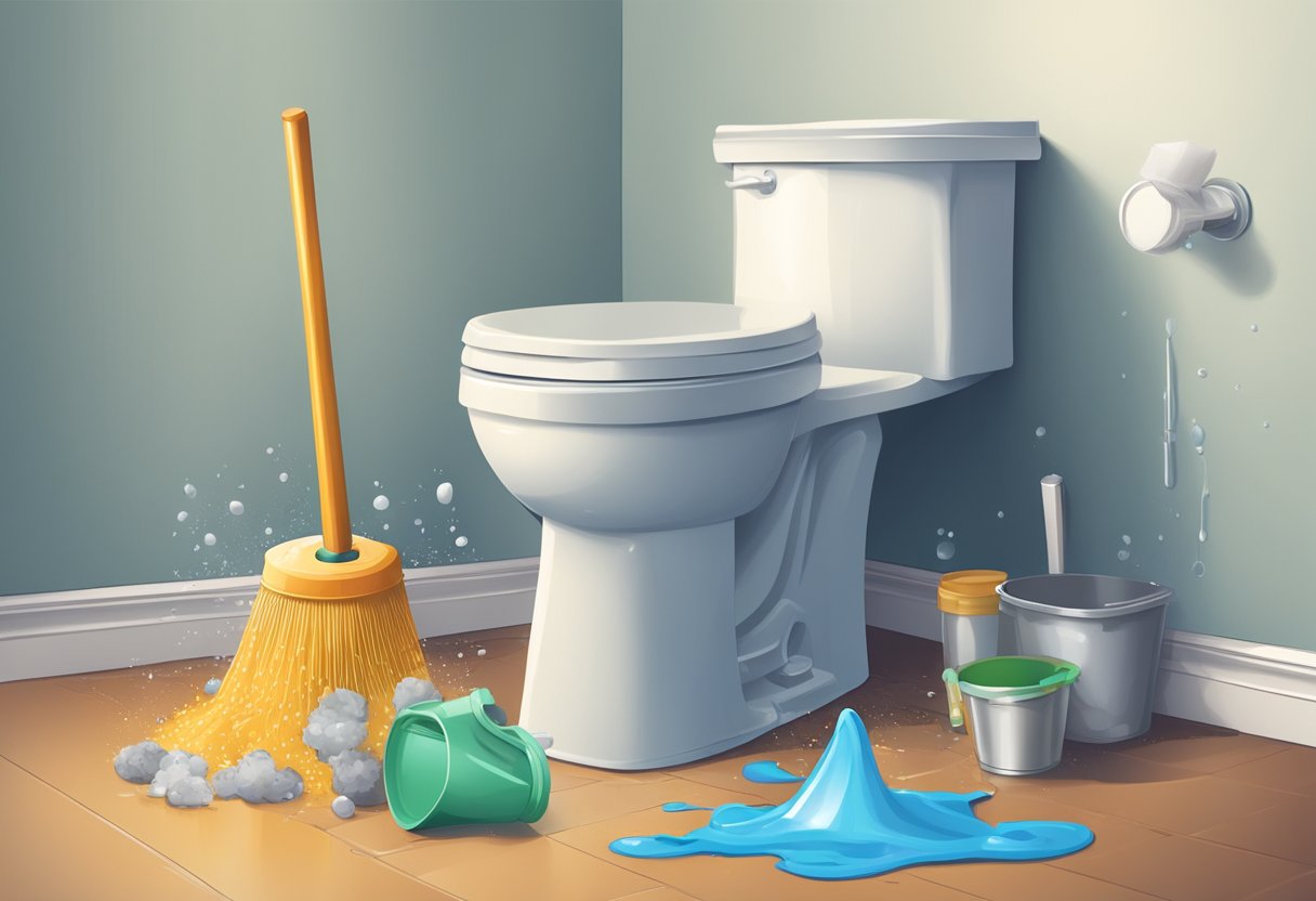 A plunger and a bucket sit next to a clogged toilet filled with objects. Water spills over the rim, creating a mess on the floor