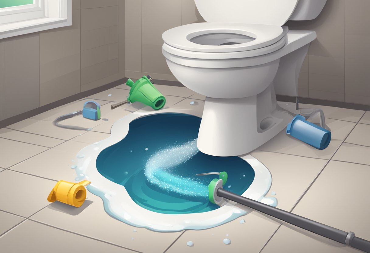 A plunger and a toilet auger are placed next to a clogged toilet with objects inside. Water spills onto the floor
