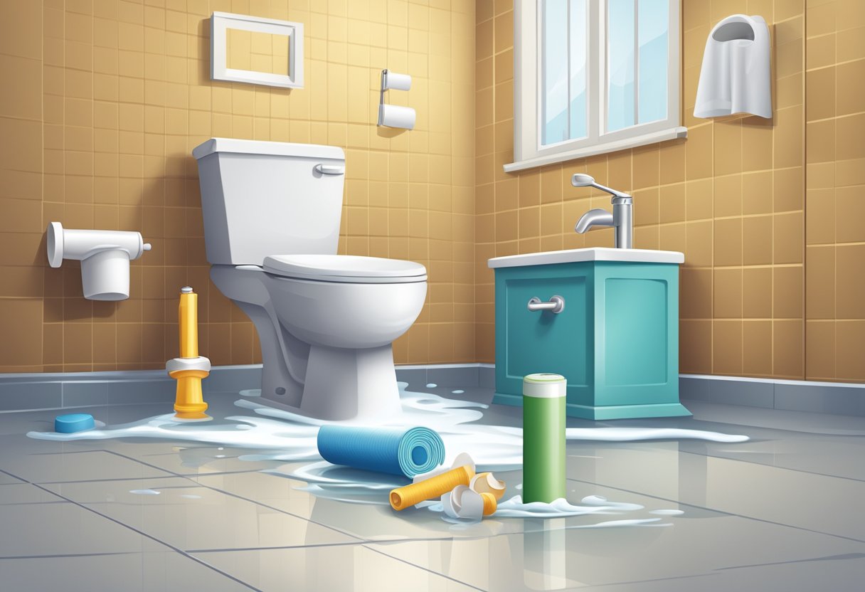 A plunger and a toilet with objects stuck inside, such as toilet paper or sanitary products. Water overflowing onto the bathroom floor