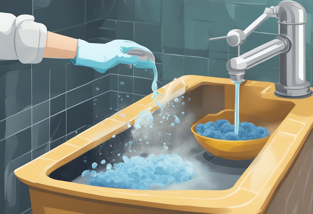 A gloved hand pours caustic soda into a clogged drain, wearing protective goggles and gloves. The area is well-ventilated, with a clear warning sign nearby