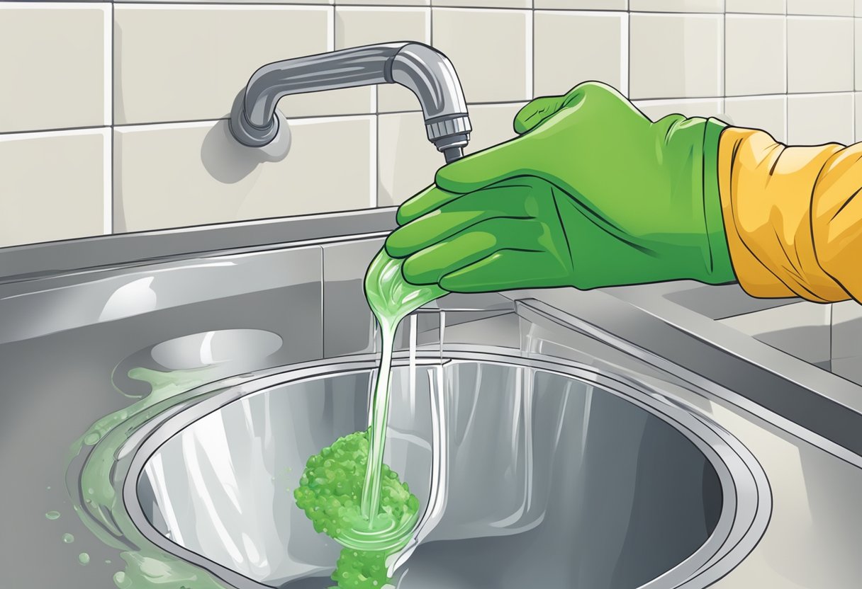 A gloved hand pours caustic soda and green devil liquid into a clogged drain, wearing protective gear