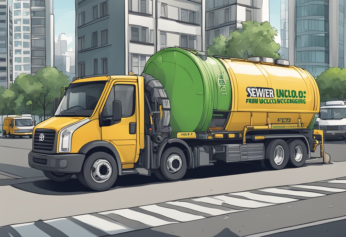 A sewer cleaning truck in São Paulo, with a sign advertising "Sewer Unclogging from $79.90 per meter."