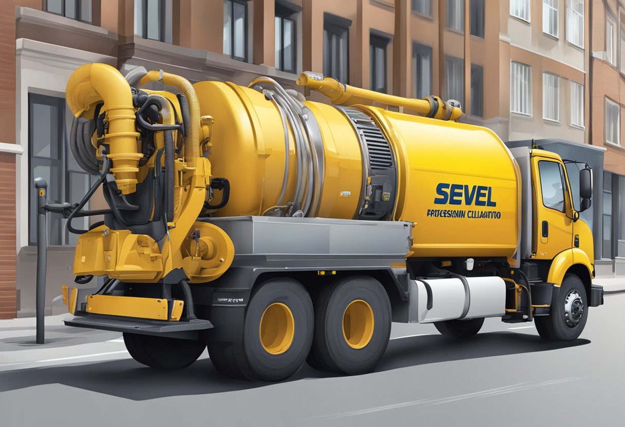 A sewer cleaning truck in action, with the company name and price displayed