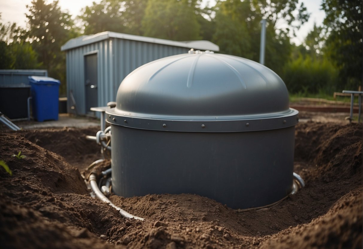 A biodigester tank is buried in the ground, connected to a toilet and kitchen. Waste enters the tank, where bacteria break it down, producing biogas and fertilizer