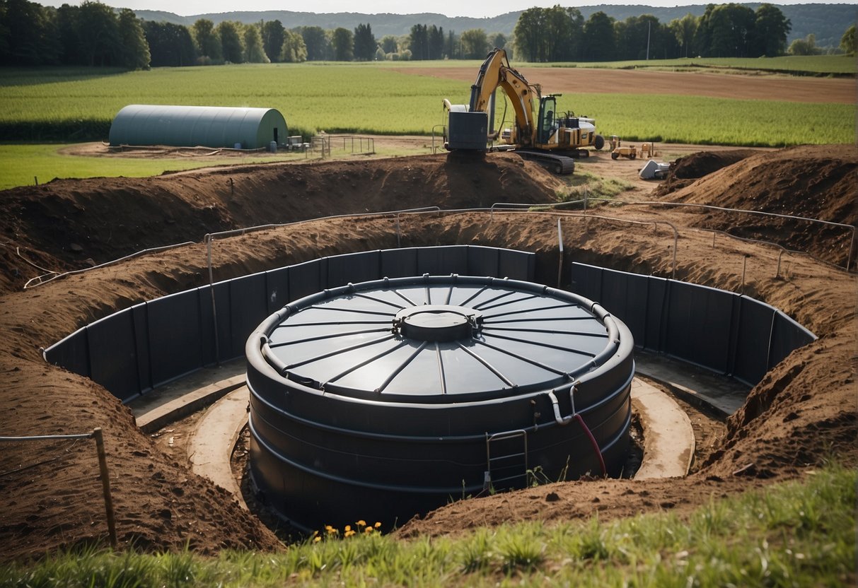 A biodigester pit being installed with pipes and organic waste, surrounded by a rural setting with trees and animals