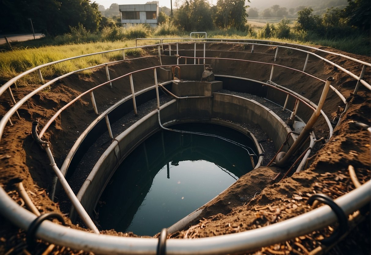 A biodigester pit surrounded by organic waste, with pipes leading in and out, emitting biogas and producing fertilizer