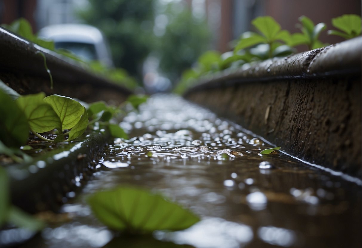 A clogged drain overflows with rainwater, causing flooding. Leaves and debris block the drainage system. Preventive measures include clearing gutters and installing drain guards