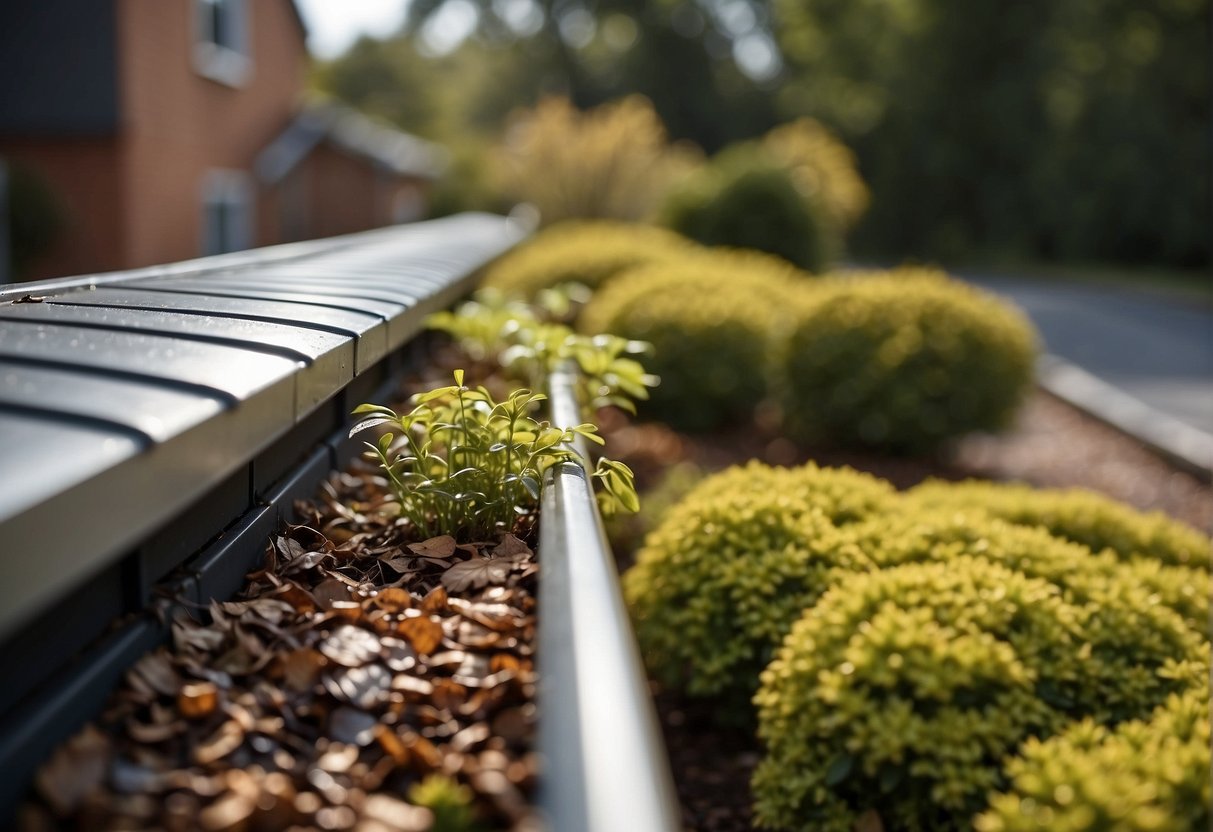 A gutter system with debris guards and sloped landscaping to divert rainwater