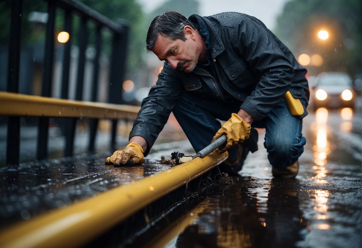 A plumber clearing debris from a gutter during a rainstorm