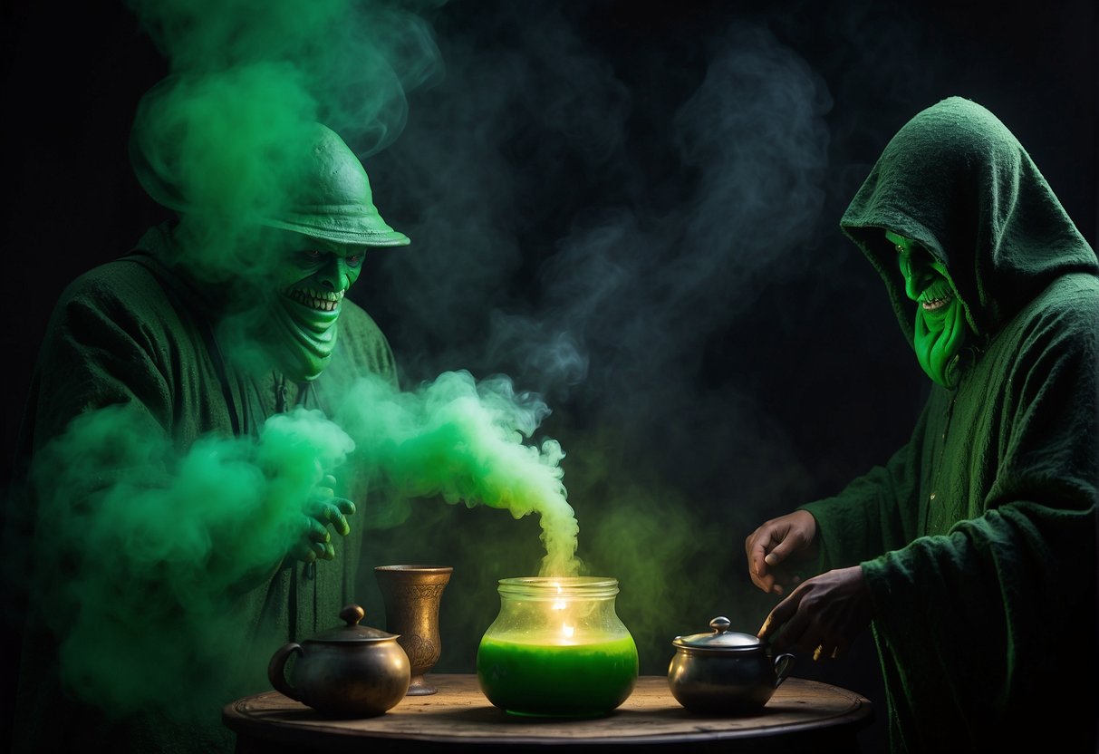 A bright green, menacing figure looms over a mysterious, bubbling potion labeled "Diabo Verde." Sinister smoke billows from the cauldron, creating an eerie atmosphere