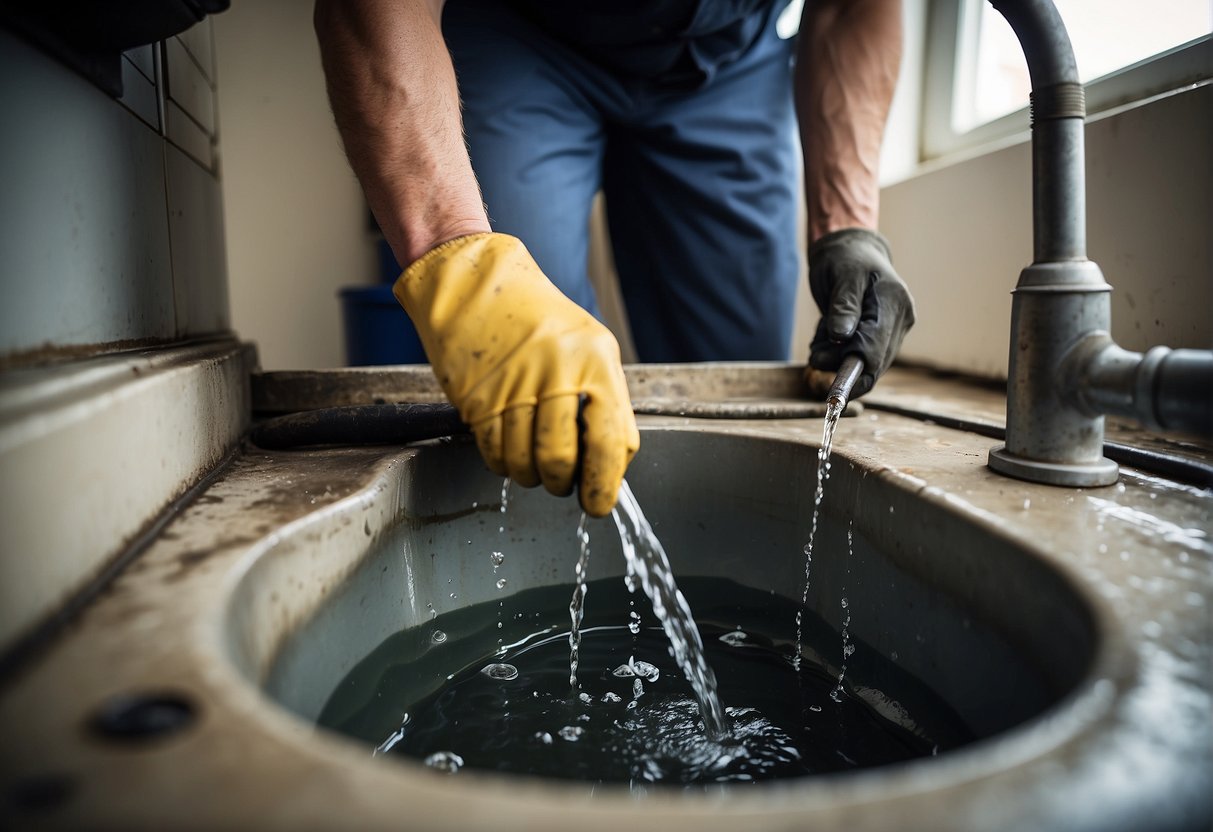 A professional plumber clearing a clogged drain and emptying a septic tank